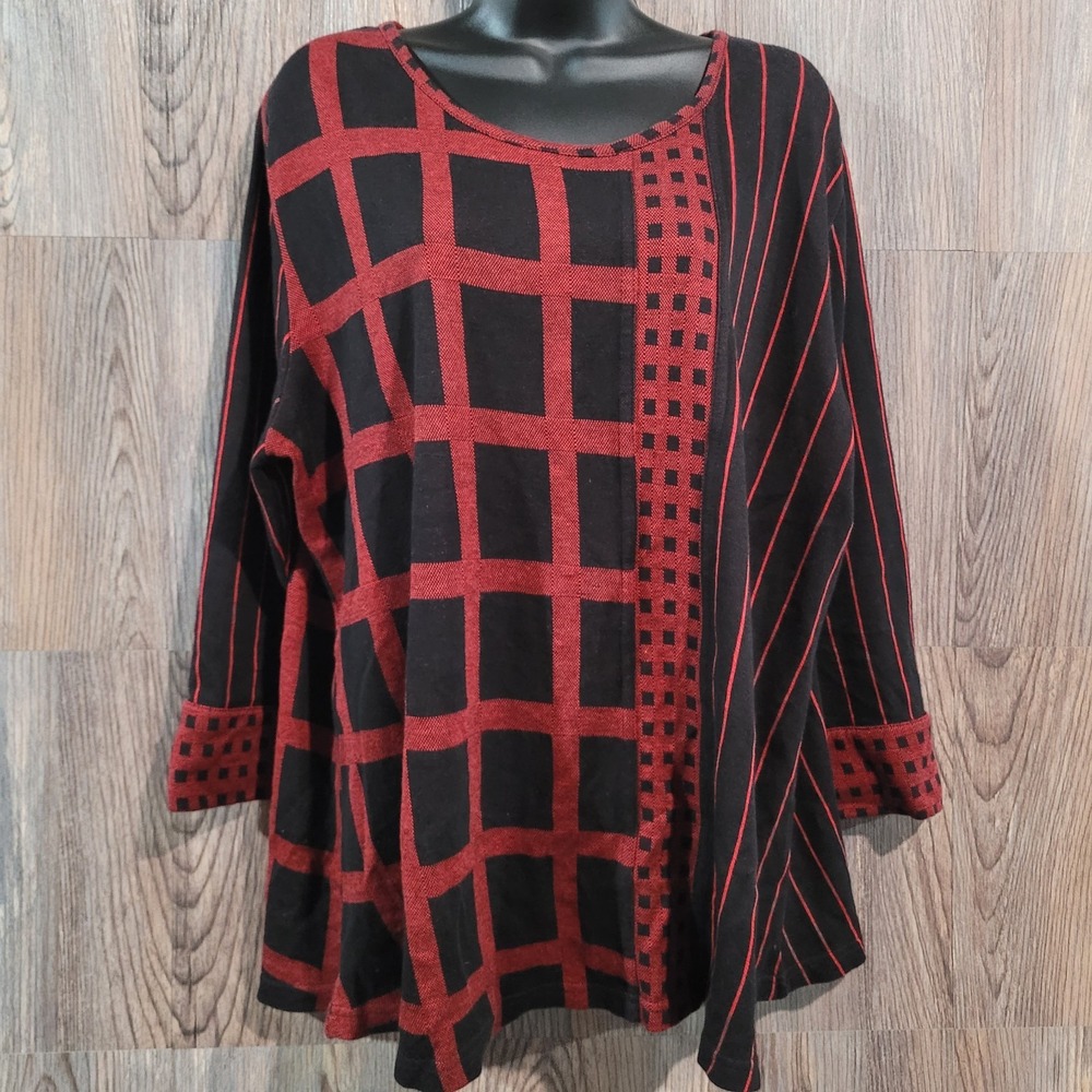 Parsley & Sage Mixed Print Top Size XL Black/Red 3/4 Sleeve Abstract Art to Wear